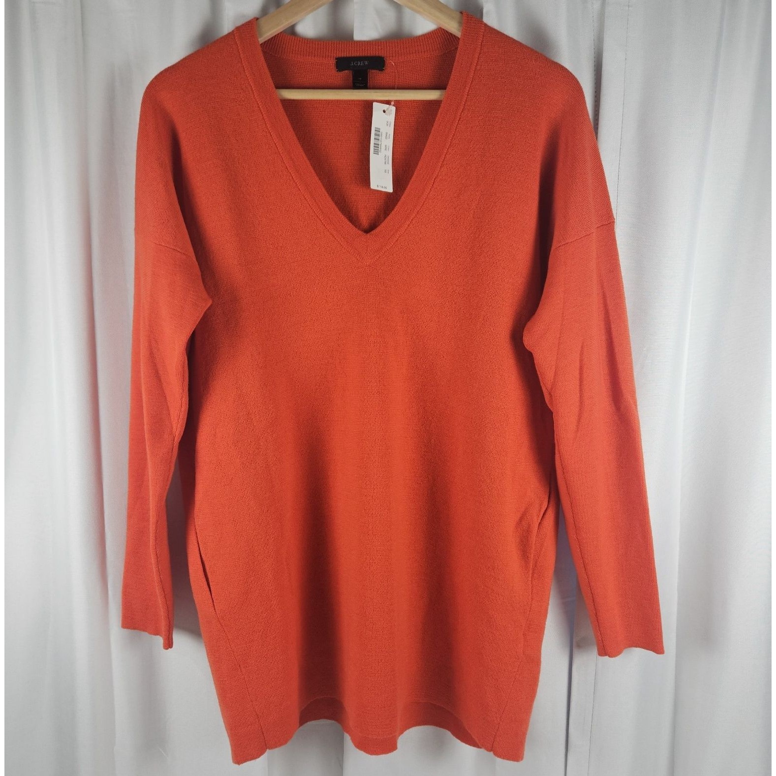 J.Crew 100% Merino Wool V-Neck Long Sleeve Tunic Sweater Pockets Orange Nwt Xs